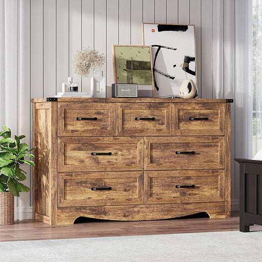 7-Drawer Dresser for Bedroom – 47" Wide Modern Wooden Chest with Natural Wood Texture, TV Stand & Storage, Metal Corner Brackets, Wood Drawer Organizer for Living Room, Hallway
