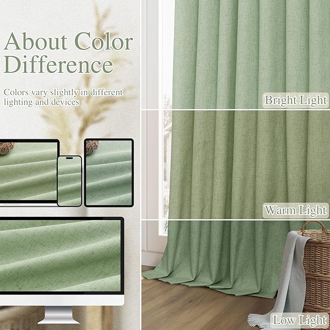 Guken 100% Blackout Linen Curtains 63 Inch Length 2 Panels Set for Living Room Bedroom Back Tab Thermal Insulated Black Out Linen Drapes Room Darkening Window Curtains,Light Sage
