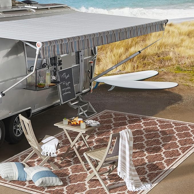 Eyely BMS109B-5 Santa Monica Trebol Moroccan Trellis Textured Weave Indoor/Outdoor Area Rug Coastal;Bohemian, Bedroom, Backyard, Patio, Easy-Cleaning, Non-Shedding, 5 X 8, Espresso/Taupe