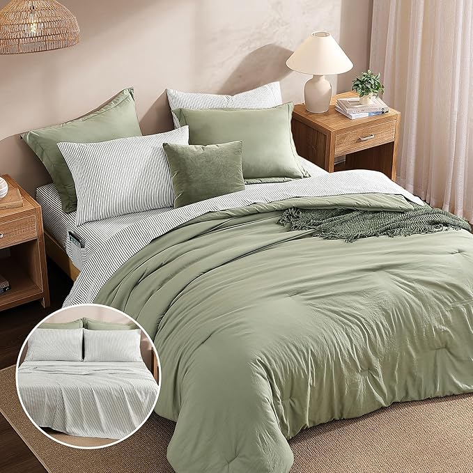 Monbix King Size Comforter Set - 7 Pieces Olive Green Prewashed Bed in a Bag King Bedding Sets with Comforters, All Seasons Down Alternative Comforter Bed Set with Sheets,Pillowcases & Shams