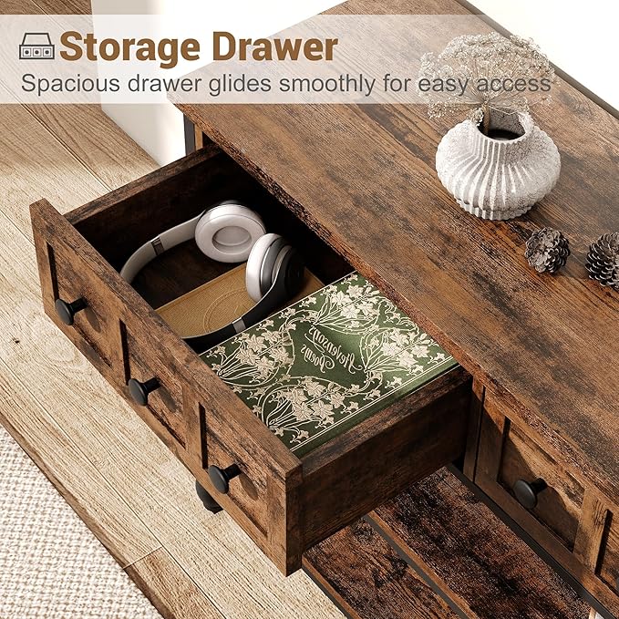 Garvee Console Sofa Table 53", Entryway Table with 3 Drawers, 3 Tier Metal Sofa Table, Open Shelf Behind Couch Table for Hallway, Living Room, Roman Column Design, Rustic Brown