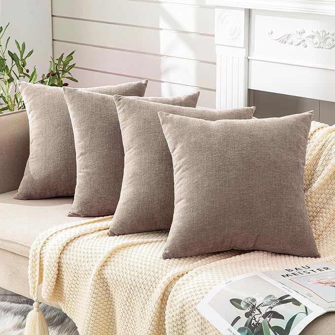 GAWAMAY Decorative Square Throw Pillow Covers 18"x18" Inch Set of 4, Super Soft Chenille Pillows Cover Fall Pillowcase for Living Room Bedroom Sofa Couch Cushion Cover Taupe Grey 45x45cm
