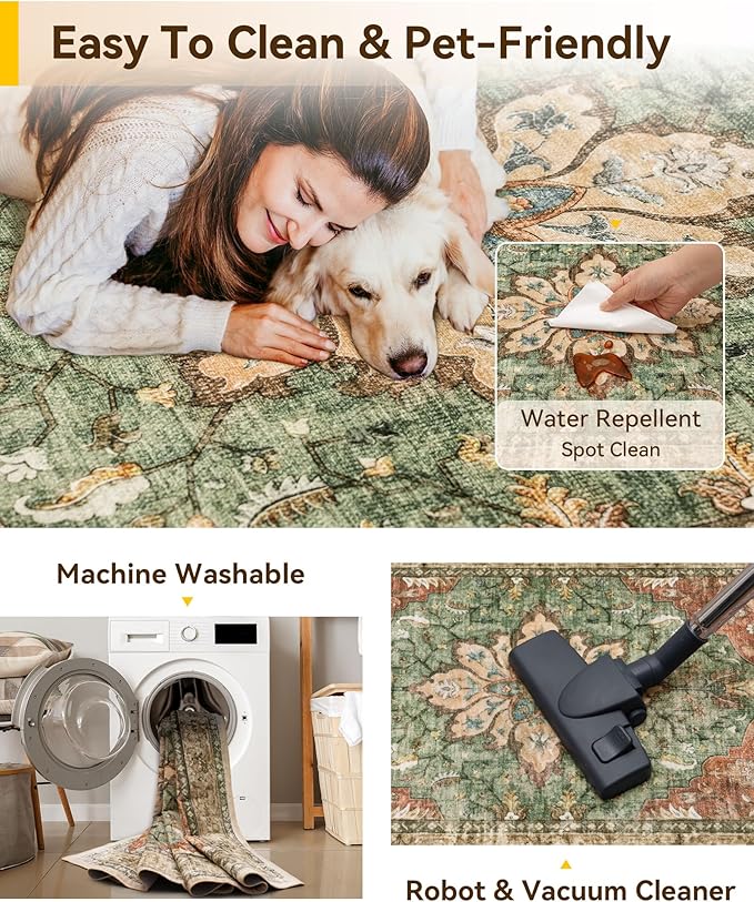 Area Rugs 2'x8' Washable Non-Slip, Floral Vintage Distress Print Pattern Medallion Carpet for Living Room Bedroom Dining Room, Brick Red Rust Neutral Brown Burnt Orange Green