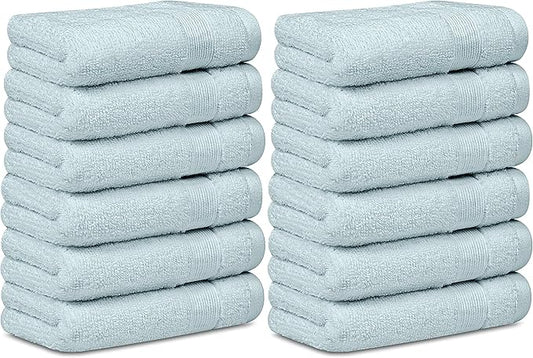 White Classic Resort Collection Soft Washcloth Face & Body Towel Set | 12x12 Luxury Hotel Plush & Absorbent Cotton Wash Clothes [12 Pack, Light Blue]