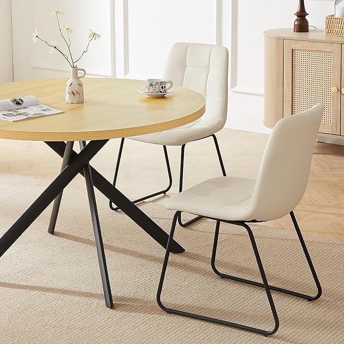 45.3 Inch Round Dining Table Set for 4, Mid Century Modern Small Coffee Set for Dining Room Kitchen Apartment (Cream Table + 4 U-Shaped White Chairs)