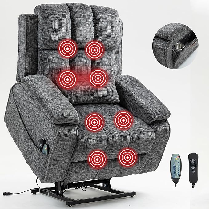 Power Recliner Chair with Heat and Massage, Dual Motor Lumbar Lift Recliner Chairs for Elderly, 180° Lay Flat Recliner with Side Storage Cup Holder and USB Type C Charging for Adults