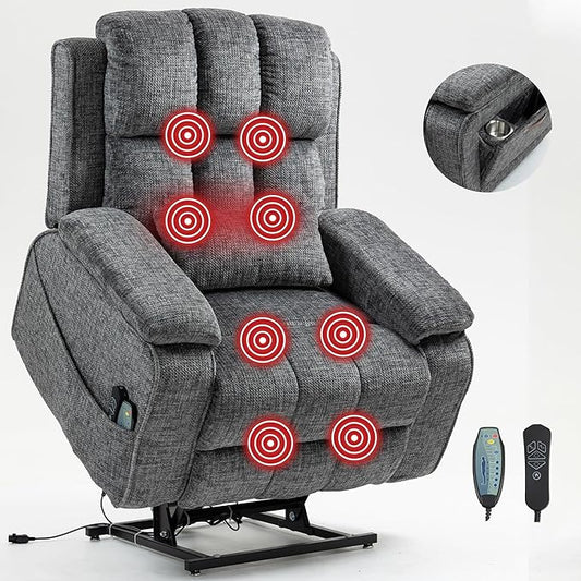 Power Recliner Chair with Heat and Massage, Dual Motor Lumbar Lift Recliner Chairs for Elderly, 180° Lay Flat Recliner with Side Storage Cup Holder and USB Type C Charging for Adults