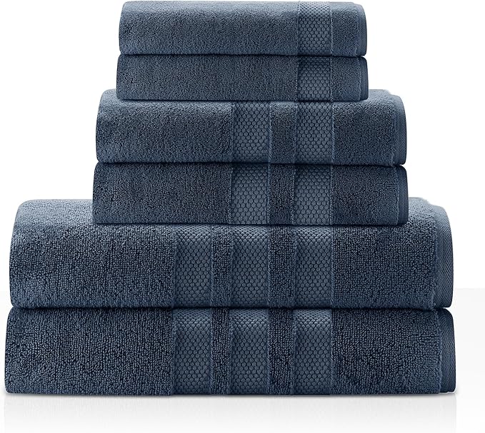 Zero Twist Bathroom Towel Set - Luxury Bath Towel Sets for Bathroom, Hands, and Washcloths - Quick Dry and Absorbent - 6 Pieces, 3 Stripe, Midnight