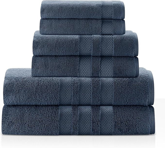 Zero Twist Bathroom Towel Set - Luxury Bath Towel Sets for Bathroom, Hands, and Washcloths - Quick Dry and Absorbent - 6 Pieces, 3 Stripe, Midnight