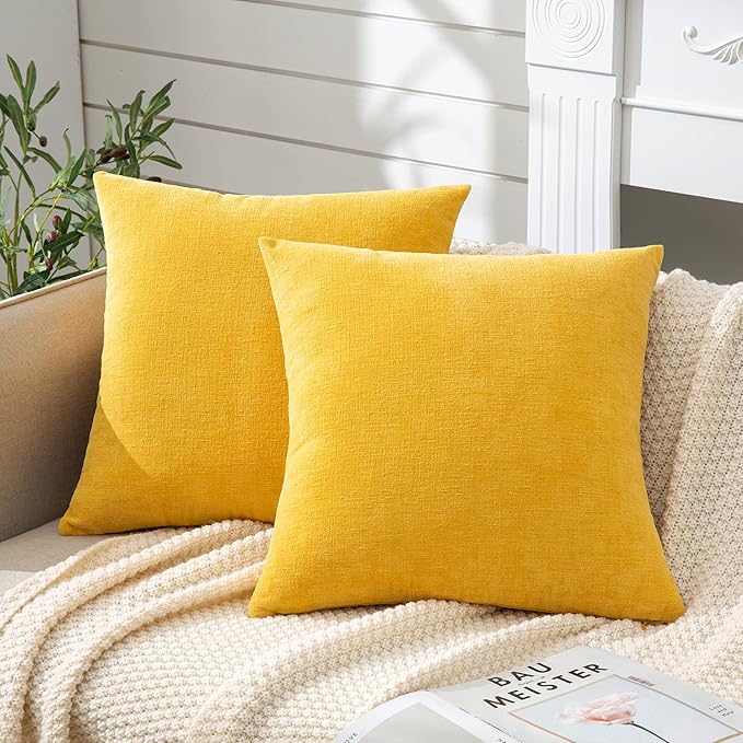 GAWAMAY Decorative Chenille Throw Pillow Covers 26x26 Inch Pack of 2, Soft Square Couch Pillow Cover for Sofa Cushion Living Room Bedroom Solid Dyed Oversized Pillowcases Yellow 66x66cm (ONLY Covers)
