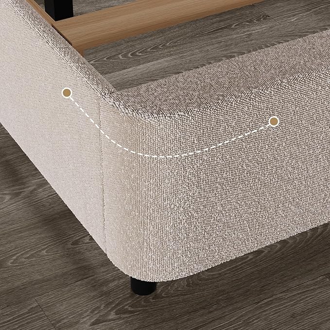 HOMBCK Twin Size Boucle Upholstered Bed Frame with Headboard, Twin Bed Frame for Kids, Soft Rounded Corners, Wooden Slats, No Box Spring Required, Easy Assembly, Cream