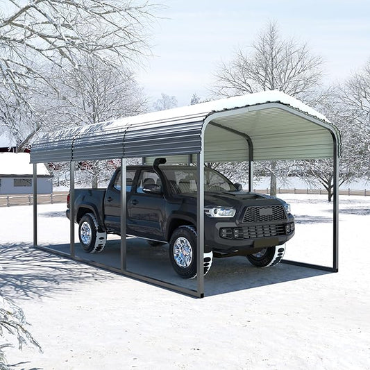 MUPATER Outdoor Carport Canopy 10' x 15', Metal Carport Tent Heavy Duty, Garage Car Shelter Shade with Metal Roof, Frame and Bolts for Car, Truck and Boat, Grey