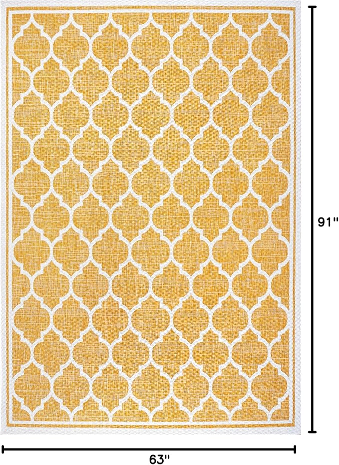 Eyely BMS109F-5 Santa Monica Trebol Moroccan Trellis Textured Weave Indoor/Outdoor Area Rug Coastal;Bohemian, Bedroom, Backyard, Patio, Easy-Cleaning, Non-Shedding, 5 X 8, Yellow/Cream