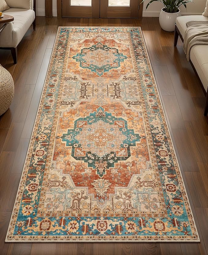 2x6 Washable Runner Rug for Hallways, Non Slip Vintage Rug, Soft Low Pile Long Print Distressed Carpet Runners for Kitchen Bedroom Entryway Bathroom Living Room Rusty Orange