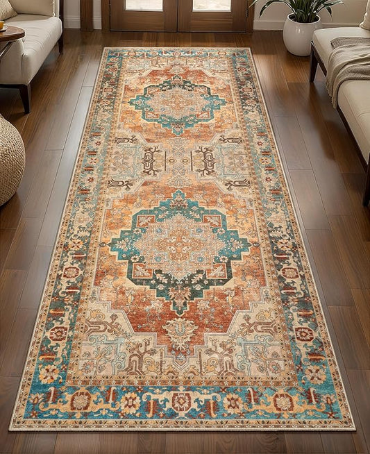 2x6 Washable Runner Rug for Hallways, Non Slip Vintage Rug, Soft Low Pile Long Print Distressed Carpet Runners for Kitchen Bedroom Entryway Bathroom Living Room Rusty Orange