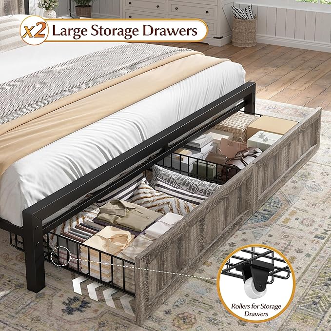 EnHomee Bed Frame Queen Size with Headboard and 2 Storage Drawers,Built in Charging Station,NO Noise,No Box Spring Needed,Grey