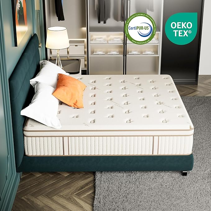 Gel Foam Innerspring Mattress - 14 Inch California King Size Mattress for Back Pain Relief, Medium Firm with Reinforced Edge Support, Off-White