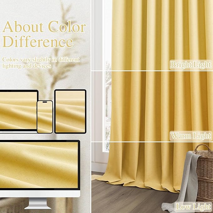 Guken Blackout Curtains 90 Inch Length 2 Panels Set for Living Room Bedroom Back Tab Thermal Insulated 100% Black Out Linen Drapes Room Darkening Window Curtains 90 Inches Long,Gold Yellow