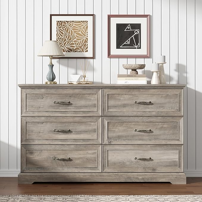 Dresser for Bedroom with 6 Drawer, Farmhouse Dresser for Closet, 53'' Wide Rustic Wooden Chest of Drawers with Natural Wood Texture, Vintage Storage Organizer for Living Room, Hallway, Grey