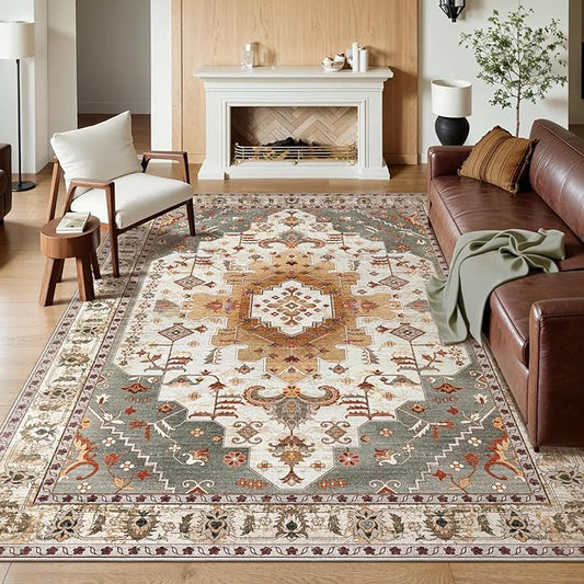 Tangsoo 5x7 Area Rug Washable Rugs for Living Room, Vintage Indoor Non Slip Large Area Rugs, Print Distressed Turmeric Carpet, Soft Low Pile Rug Foldable Floor for Bedroom Dining Room Dorm