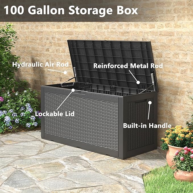 100 Gallon Resin Outdoor Storage Box,Waterproof Deck Box Lockable for Patio Furniture Cushions, Garden Tools, Heavy-Duty Double-Wall Structure with Gas Lift and Reinforced Seat Lid, Black