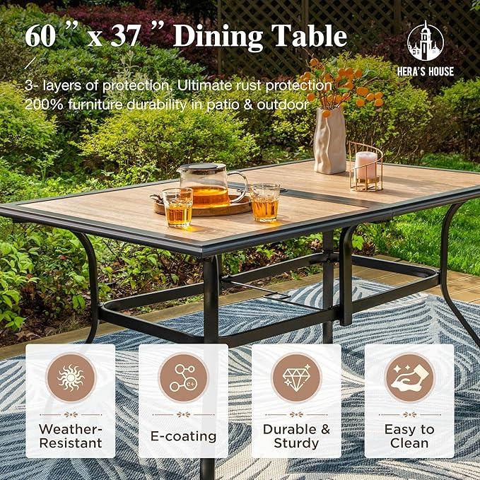 HERA'S HOUSE 7 PCS Outdoor Dining Sets for 6, Outdoor Rattan Chairs and Wood Like Table with 1.57" Umbrella Hole, Patio Dining Set for Deck, Balcony, Backyard, Garden
