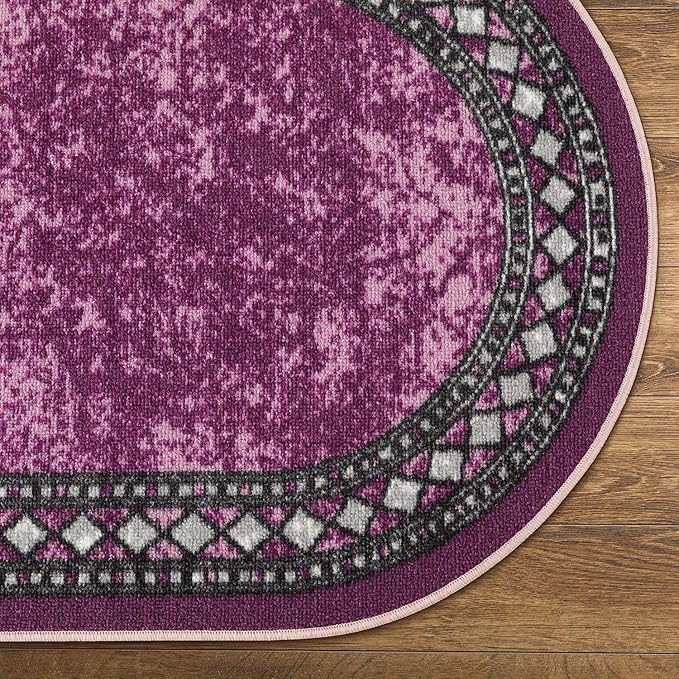 Antep Rugs Alfombras Modern Bordered 2x5 Non-Skid (Non-Slip) Low Profile Pile Rubber Backing Kitchen Area Rugs (Purple, 2' x 5' Oval)