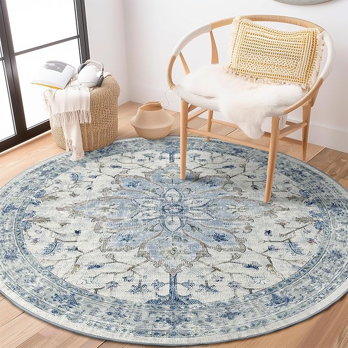 Area Rugs 4ft Washable Non-Slip, Floral Vintage Distress Print Pattern Medallion Carpet for Living Room Bedroom Dining Room, Light Blue Navy Beige Gray White