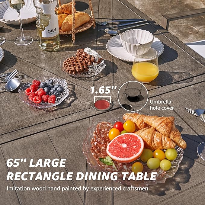 NATURAL EXPRESSIONS 7 Piece Patio Dining Table Outdoor Furniture Set for 6, 4Pcs Fixed and 2Pcs Swivel Patio Dining Chairs with Olefin Cushions, 65”Large Dining Table with Umbrella Hole