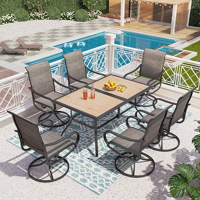 PHI VILLA 7 Piece Patio Dining Set, 6 Swivel Patio Chairs with Padded Textilene Fabric & Rectangular Dining Table (1.6" Umbrella Hole), All Weather Patio Chairs and Table Set for Deck Lawn (Brown)