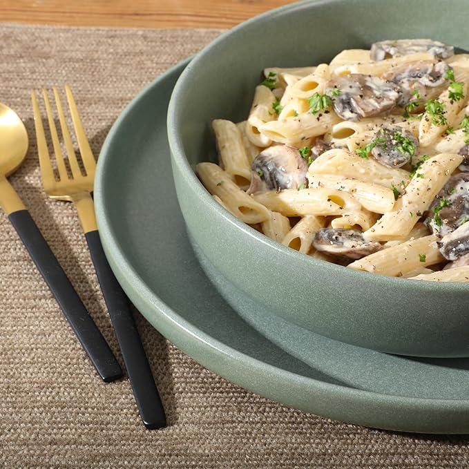 Gibson Elite Pasco 16 Piece (Service for 4) Plates and Bowls Double Bowl Reactive Glaze Dishes Stoneware Ceramic Dinnerware Set - Green