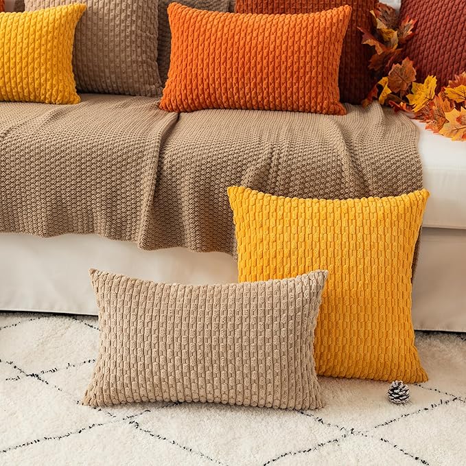 Kevin Textile Pack of 2 Corduroy Decorative Throw Pillow Covers 12x20 Inch Soft Boho Striped Pillow Covers Modern Farmhouse Home Decor for Autumn Sofa Living Room Couch Bed Tan