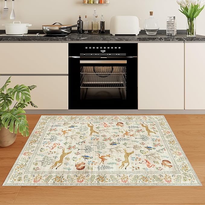 DUKINO 4x6 Rug, Washable Animal Area Rug with Non Slip Vintage Design, Indoor Soft Low Pile Carpet for Bedroom, Nursery, Dining Room, Farmhouse, Playroom, White