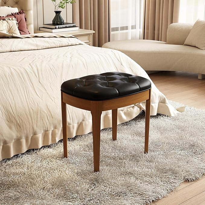 Solid Wood Button Tufted Vanity Stool, Ottoman Stool with Wood Legs & Padded Seat PU Leather Upholstered Piano Bench with Non-Slip Foot Pads Accent Stool for Bedroom Entryway, Black