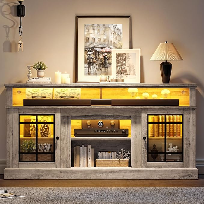 YITAHOME Modern TV Stand for 75 Inch TV, LED Entertainment Center with Adjustable Shelves and Glass Doors, 32'' Tall Television Stands TV Media Console Table for Living Room, Pine Grey