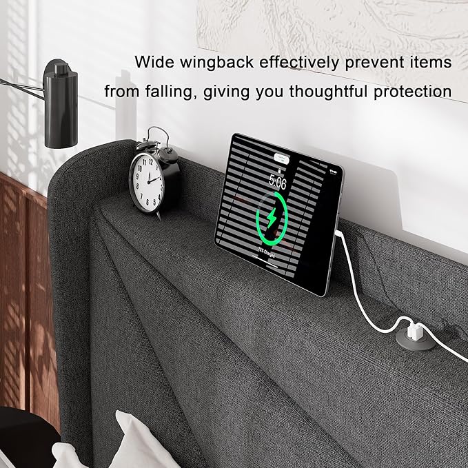 Feonase Queen Bed Frame with Charging Station, Linen Upholstered Platform Bedframe with Wingback Headboard, Solid Wood Slats Support, Noise Free, No Box Spring Needed, Charcoal Grey