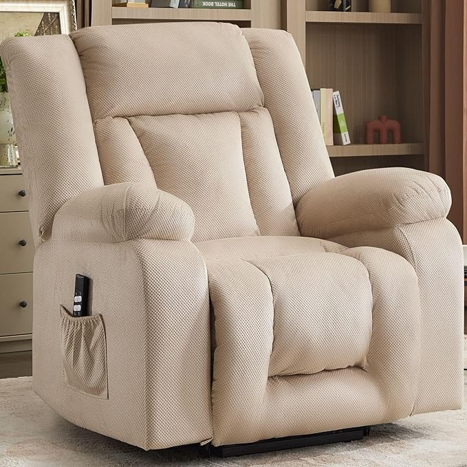 Oversized Dual Motor Power Lift Recliner for Adults, Electric Lift Chair with Heating and Massage, Waffle Fabric Electric Recliner Chair with Side Pockets, Wide Recliner for Living Room
