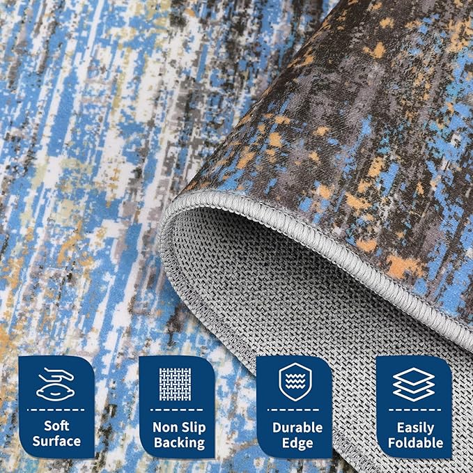 Modern Abstract Living Room Rug 10x13, Machine Washable Large Carpet, Non Slip Low Pile Throw Rug, Ultra Soft Indoor Floor Carpet for Bedroom Dining Room Table Home Decor, Blue/Brown