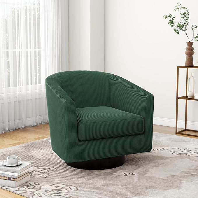 UIXE Swivel Accent Chair, Upholstered Corduroy Barrel Chair for Living Room, Small Single Sofa Bedroom Reading Seat, Dark Green