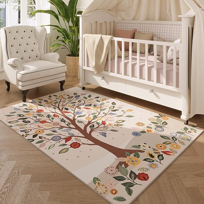 Bedroom Rug 3x5 Rug Washable Area Rug Bohemian Non Slip Low Pile Floral Tree Small Carpet for Bedroom, Bedside, Kitchen, Entryway, Kids Room, Office, Beige