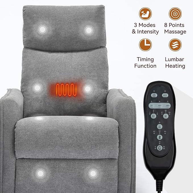 Massage Rocker Swivel Recliner Chair for Adults, Manual Recliner Glider with Lumbar Heating, Technical Flannel Fabric Nursery Glider Rocking Chair with Vibration Massage for Living Room - Grey