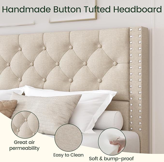 Queen Size Bed Frame with 4 Storage Drawers and Tufted Headboard Linen Upholstered Platform Bed Frame with Heavy Duty Wood Slats, No Box Spring Needed, Easy Assembly, Beige