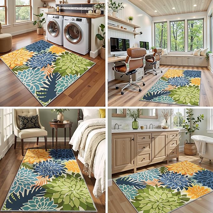Area Rug 3x5 Yellow Green Washable Entry Rug Multicolored Tropical Botanical Modern Floral Indoor Kitchen Door Mat Entrance Carpet Non Slip for Bedroom Living Room, Porch
