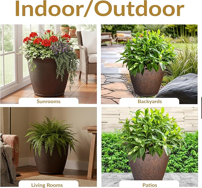 Sunnydaze 24-Inch Anjelica Large Plastic Pot for Plants - Double-Walled Outdoor Polyresin Round Planter Porch Pot with Drillable Drainage Holes - Rust - 3pk
