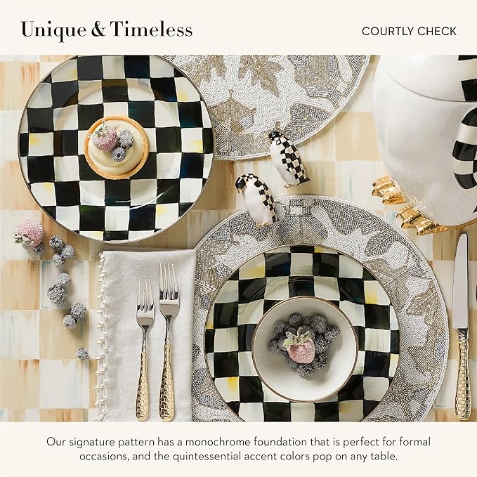 MACKENZIE-CHILDS Enamel Dinner Plate, Decorative Dinnerware Plate, 10 Inches, Set of 4, Black-and-White Courtly Check