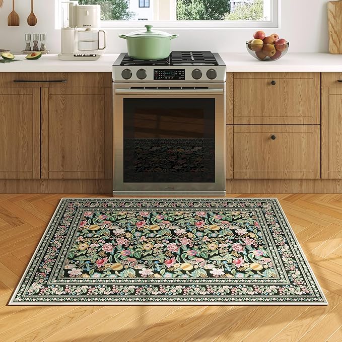 Door Mat Indoor Entrance 2x3 Rug Machine Washable Vintage Floral Small Area Rug Non-Slip Low Pile Throw Rugs for Entryway, Kitchen, Front Door Indoor Entrance, Entry, Kids Room, Green