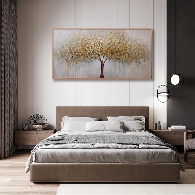 Wall Art Abstract Gold Tree of Life Framed Modern Artwork Canvas Painting Textured Tree Pictures Wall Decor for Living Room Bedroom Dining Room Home Office Decor 24"x48" with Framed