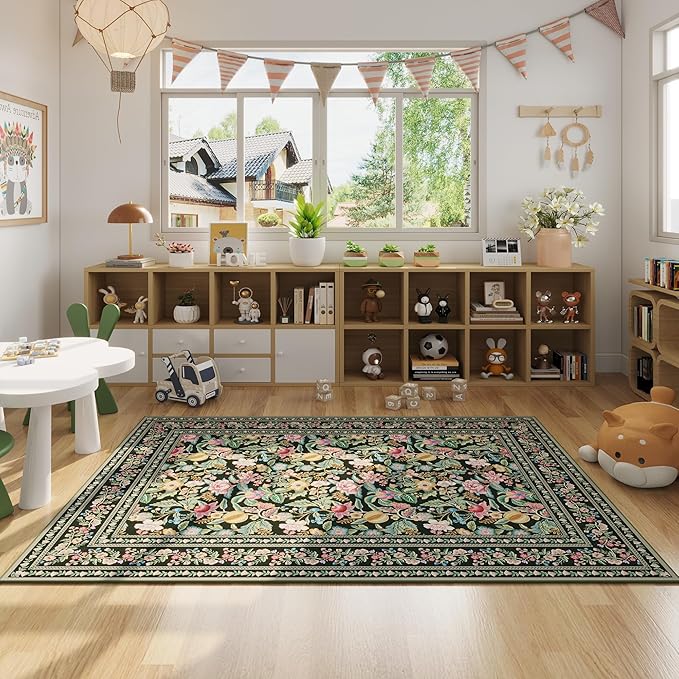 Bedroom Rug 3x5 Rug Washable Area Rug Non Slip Low Pile Vintage Floral Small Carpet for Bedroom, Bedside, Kitchen, Entryway, Kids Room, Office, Green