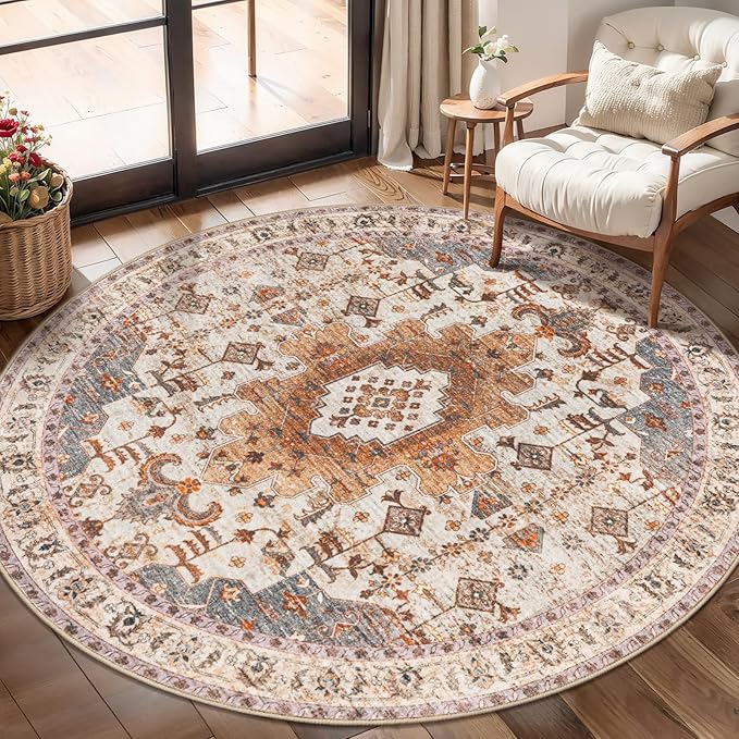 Tangsoo Vintage Round Rug 4ft, Washable Circle Rug, Non Slip Small Boho Round Rug, Low Pile Circular Rugs, Round Carpet for Bedroom,Entryway,Nursery,Dorm,Kitchen,Turmeric