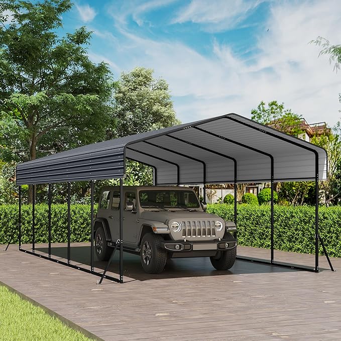 Real Relax 13' x 26' Metal Carport, Heavy Duty Carport with Galvanized Steel Roof with Metal Frame, Extra Long Outdoor Garage Car Shelter Shade for SUV Trucks and Boats, Gray